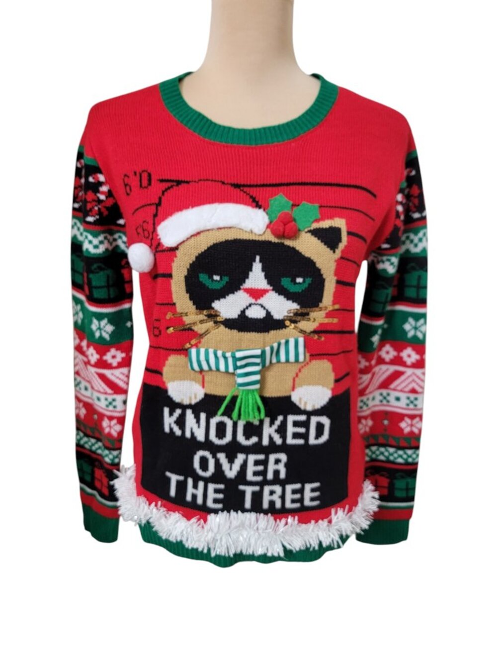 No Boundaries Size M Grumpy Cat Christmas Sweater "Knocked Over The Tree"